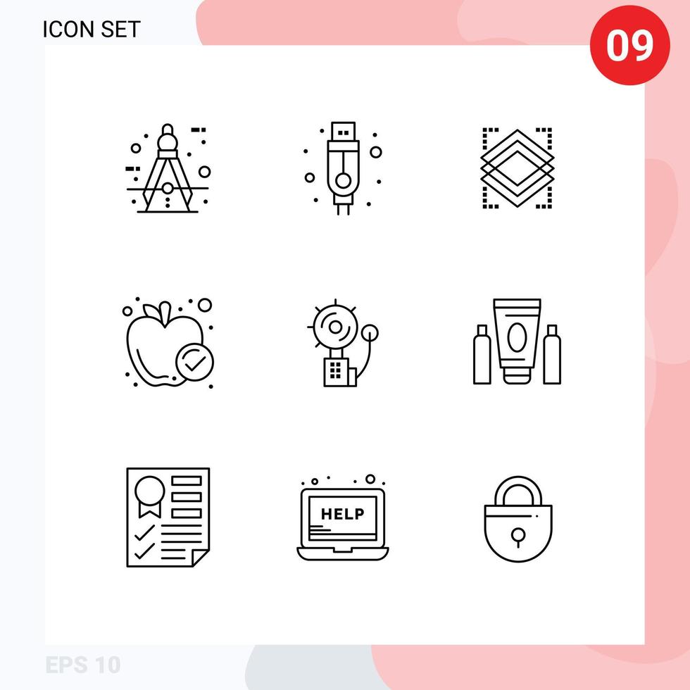 paquete de 9 signos y símbolos de contornos modernos para medios de impresión web, como capas de alimentos saludables de alerta, elementos de diseño de vectores editables de manzana de comida