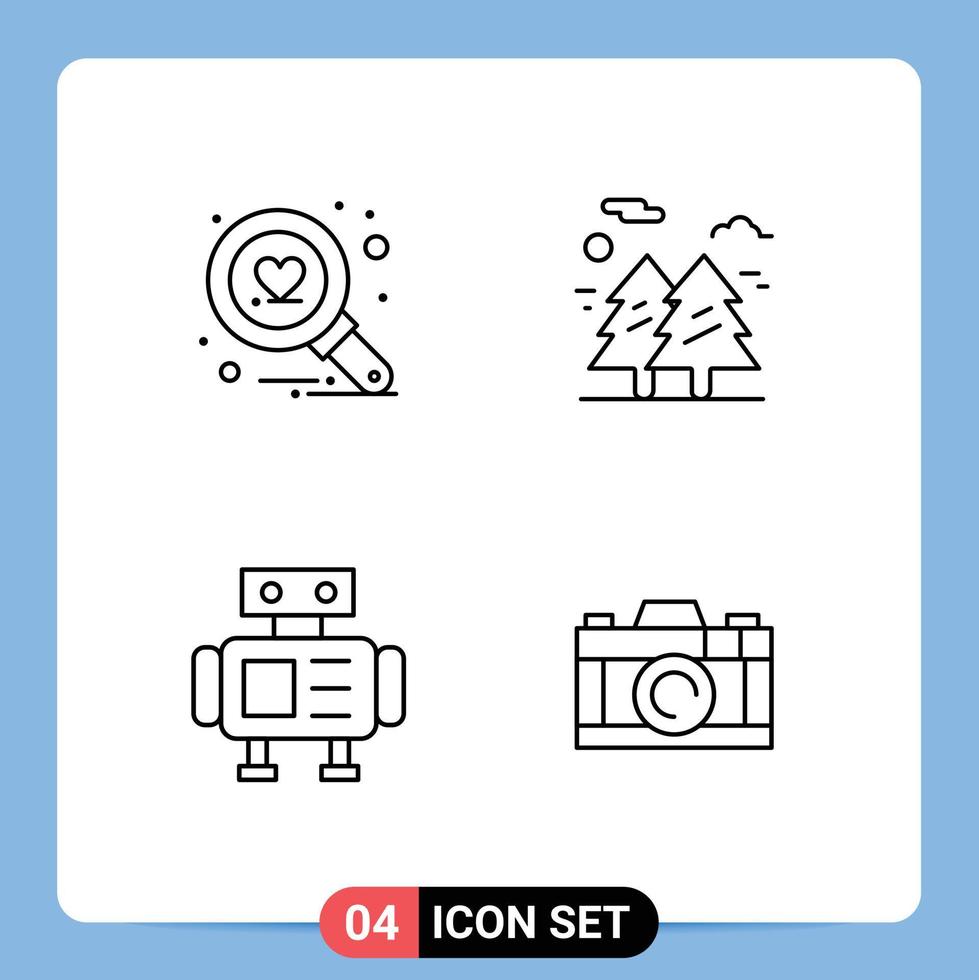 conjunto moderno de 4 pictogramas de colores planos de línea de relleno de encontrar elementos de diseño de vectores editables de la cámara de senderismo del bosque científico