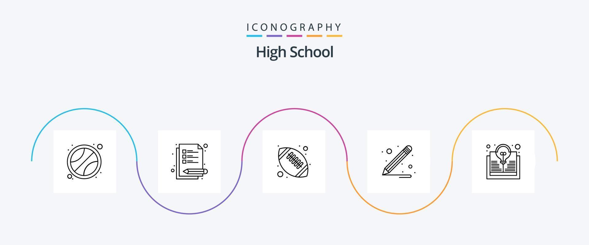 paquete de iconos de la línea 5 de la escuela secundaria que incluye. idea. fútbol americano. bulbo. estudiar vector