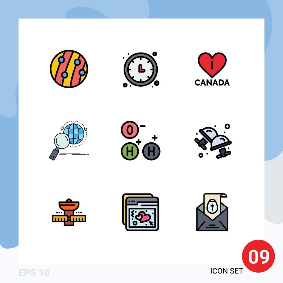 Pictogram Set of 9 Simple Filledline Flat Colors of world magnifier timer globe canada Editable Vector Design Elements