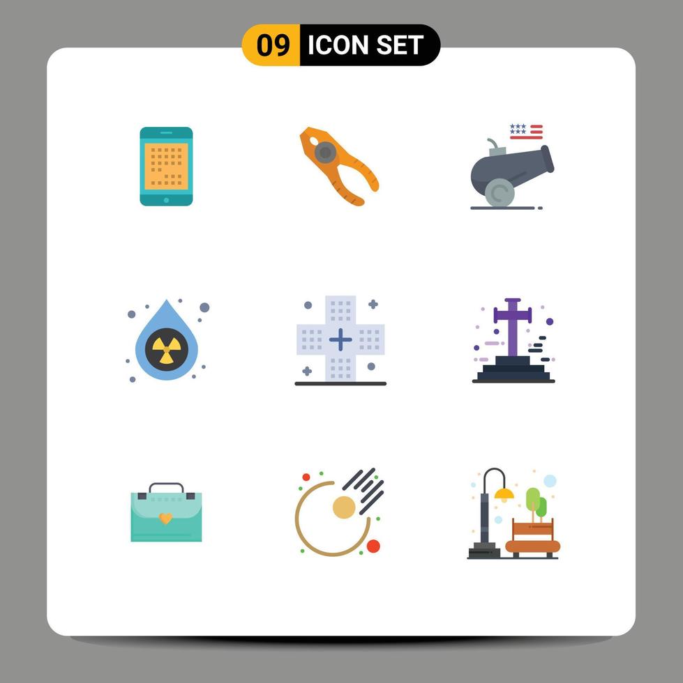Set of 9 Commercial Flat Colors pack for environment clean tongs mortar cannon Editable Vector Design Elements