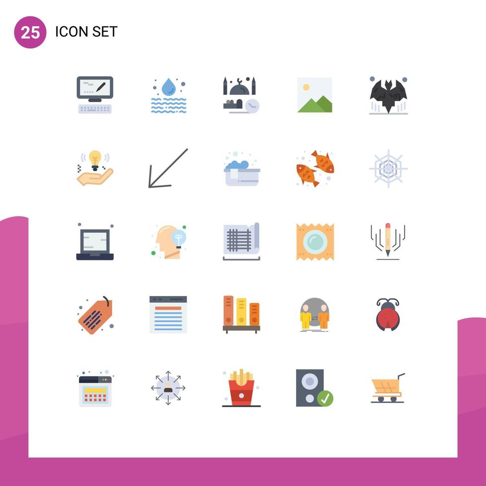 Mobile Interface Flat Color Set of 25 Pictograms of halloween bat mosque picture twitter Editable Vector Design Elements