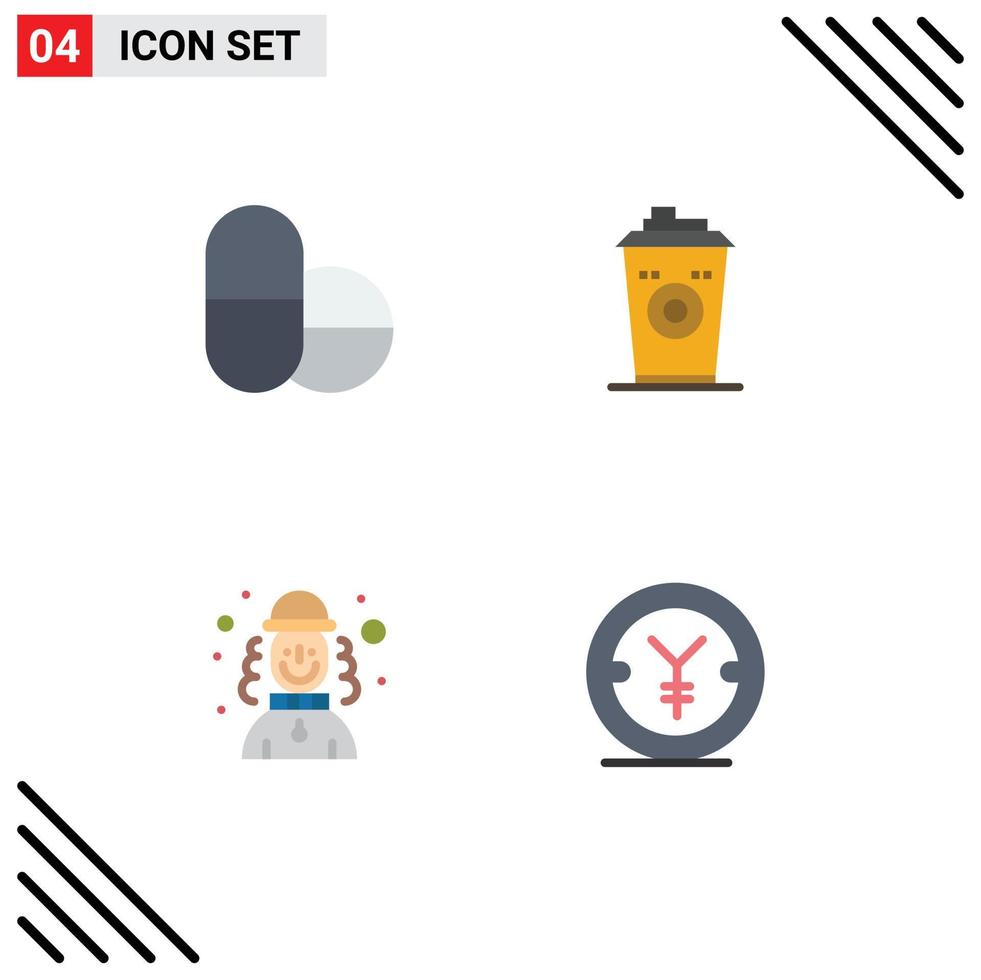 Set of 4 Vector Flat Icons on Grid for pills hat mug harlequin finance Editable Vector Design Elements