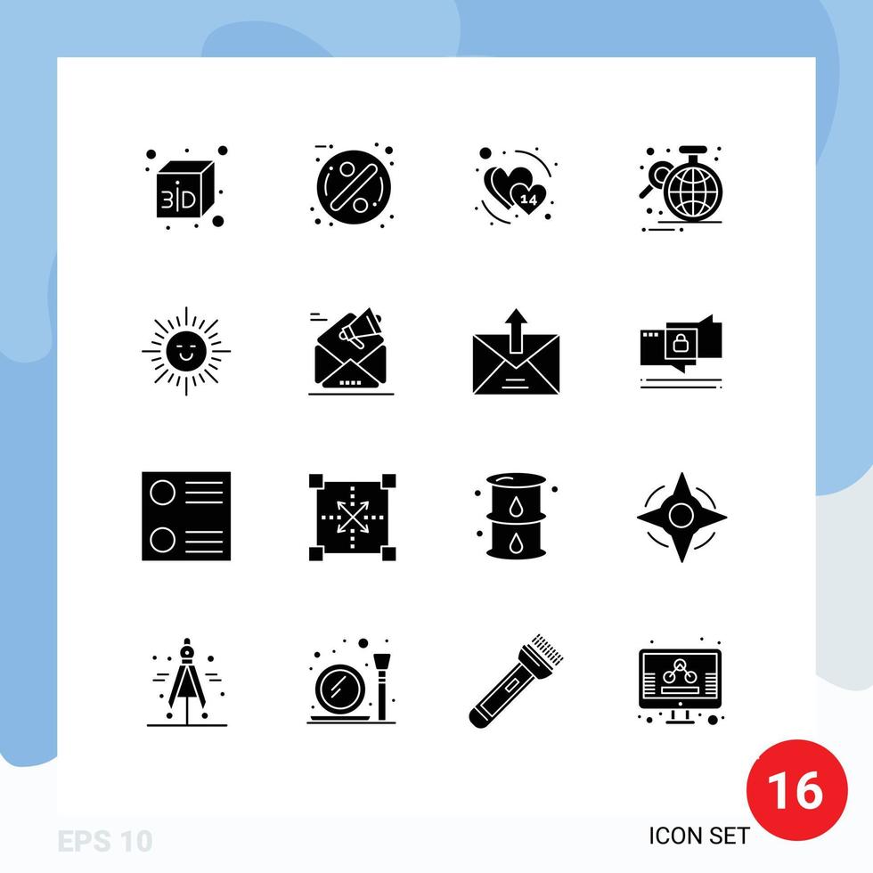Pictogram Set of 16 Simple Solid Glyphs of sun beach february statistic data Editable Vector Design Elements