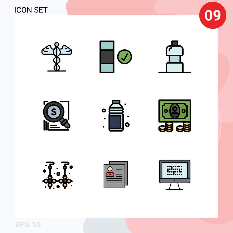 Set of 9 Modern UI Icons Symbols Signs for bottle alcohol drink solution magnifer Editable Vector Design Elements