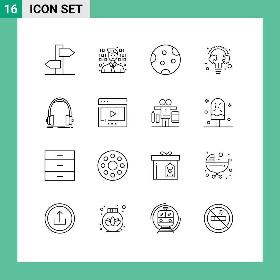 Modern Set of 16 Outlines Pictograph of audio puzzle moon line education Editable Vector Design Elements