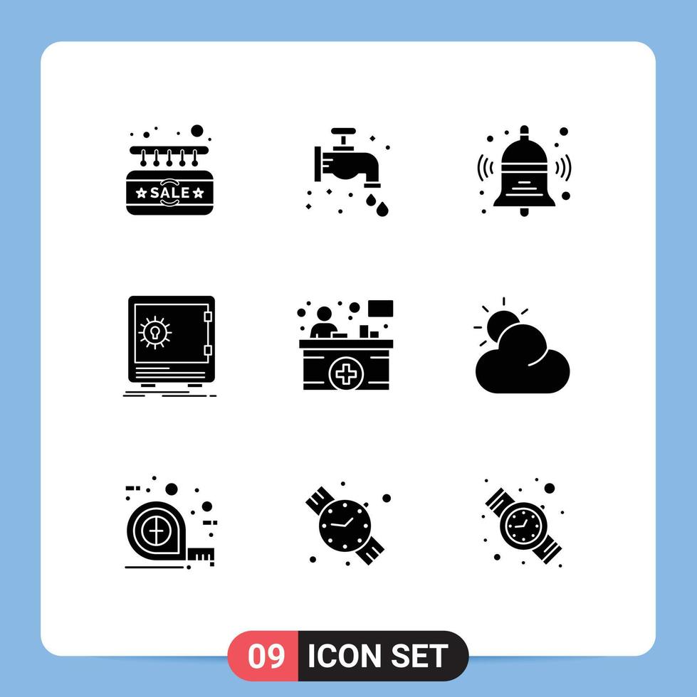 Universal Icon Symbols Group of 9 Modern Solid Glyphs of counter safety bell safe bank Editable Vector Design Elements