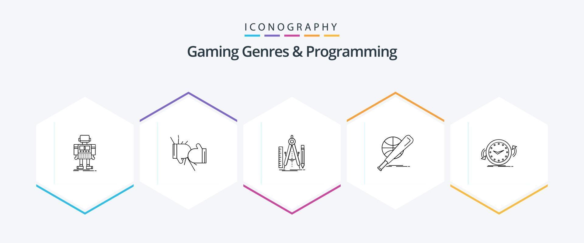 Gaming Genres And Programming 25 Line icon pack including ball. baseball. fight. tool. geometry vector