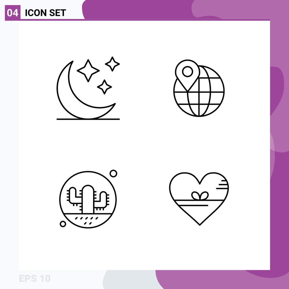 Mobile Interface Line Set of 4 Pictograms of crescent plant globe cactus heart Editable Vector Design Elements