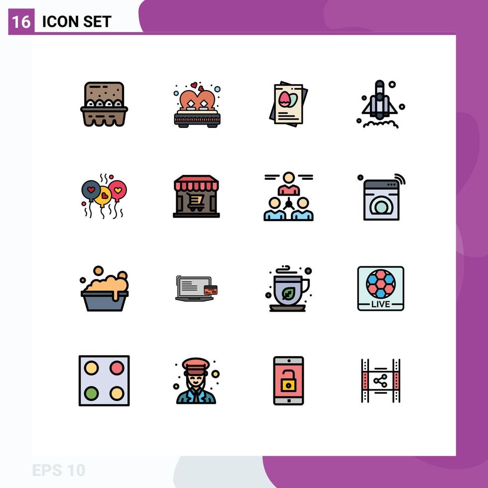 Group of 16 Flat Color Filled Lines Signs and Symbols for love startup romance rocket easter Editable Creative Vector Design Elements