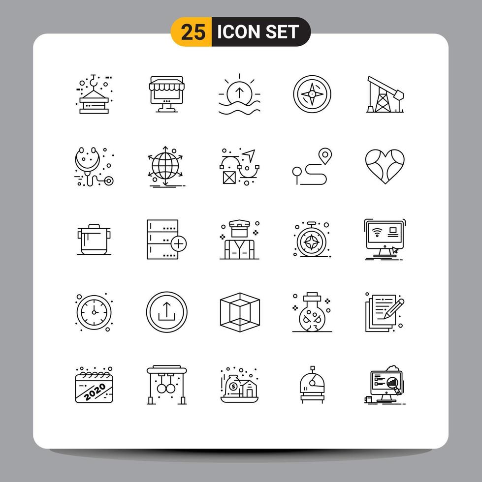 Editable Vector Line Pack of 25 Simple Lines of location navigation store sun sea Editable Vector Design Elements