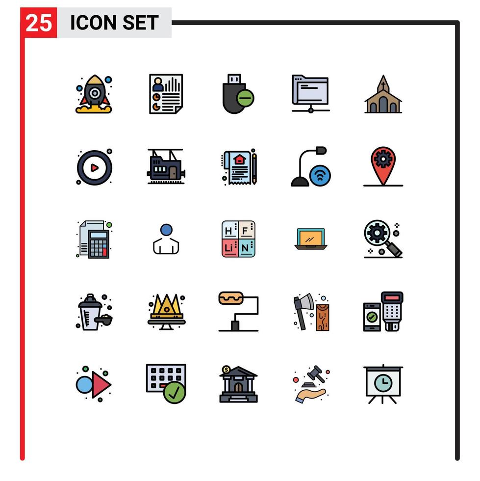 25 colores planos de línea rellena universales establecidos para aplicaciones web y móviles servidor carpeta computadoras base de datos palo elementos de diseño vectorial editables vector
