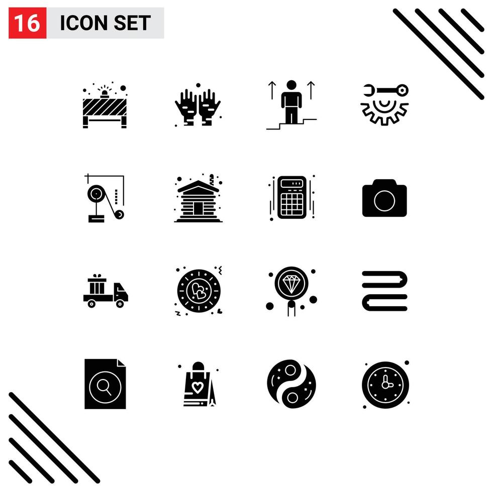 16 Universal Solid Glyphs Set for Web and Mobile Applications physics repair up hand tools wrench wheel Editable Vector Design Elements