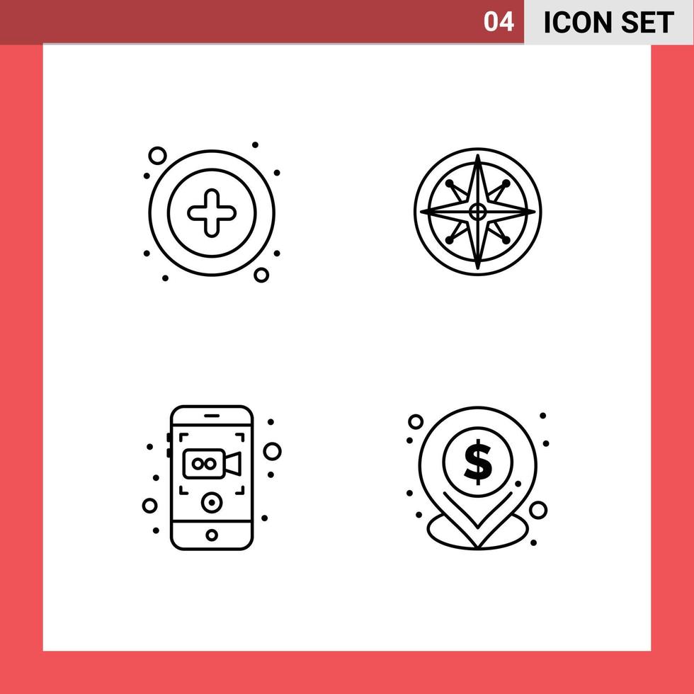 4 Universal Line Signs Symbols of interface mobile compass navigator mobile recording Editable Vector Design Elements