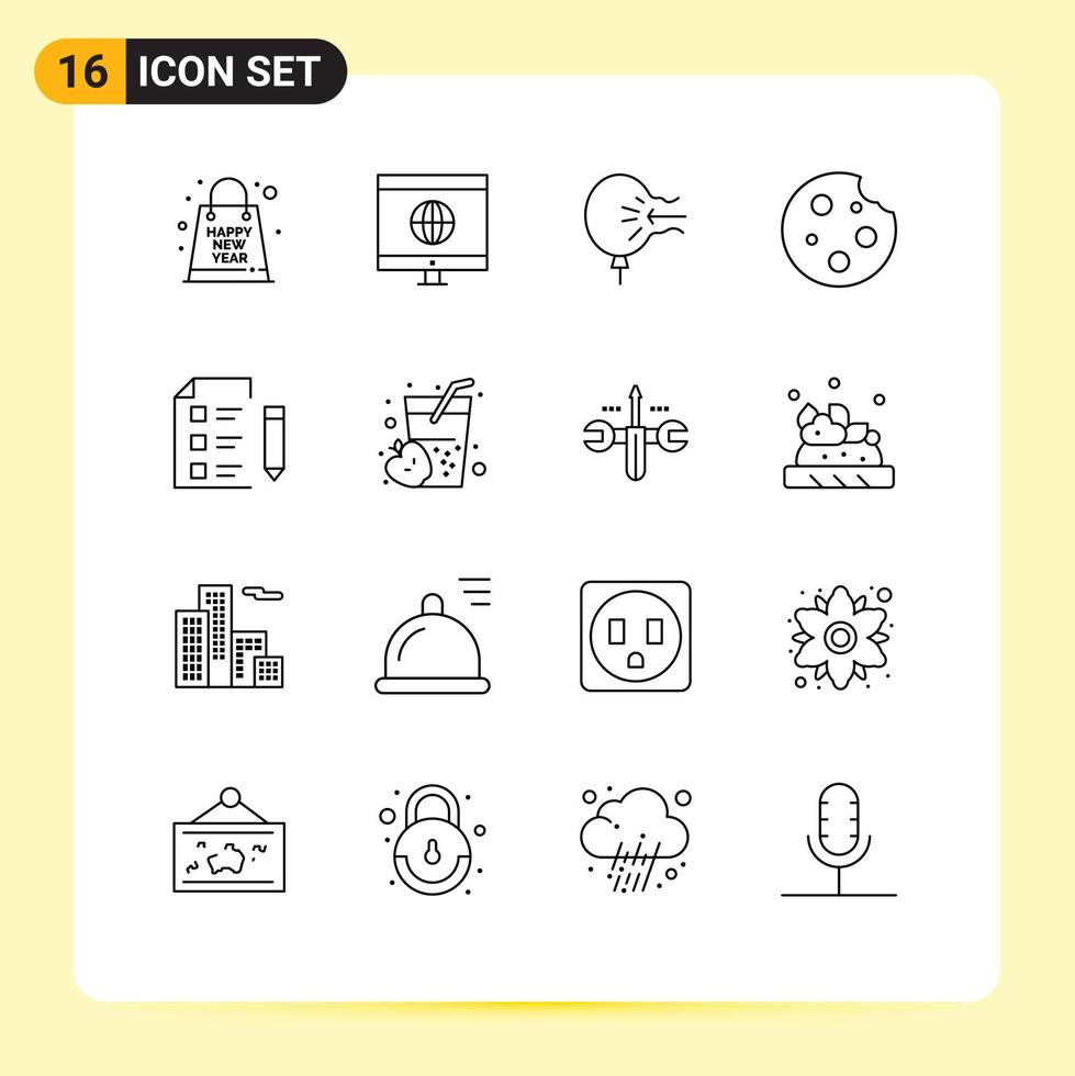 Pack of 16 creative Outlines of food dinner air cookie stress Editable Vector Design Elements