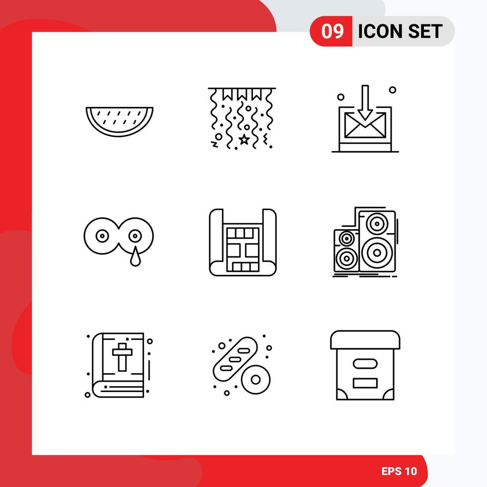 Universal Icon Symbols Group of 9 Modern Outlines of audio construction inbox map milk Editable Vector Design Elements