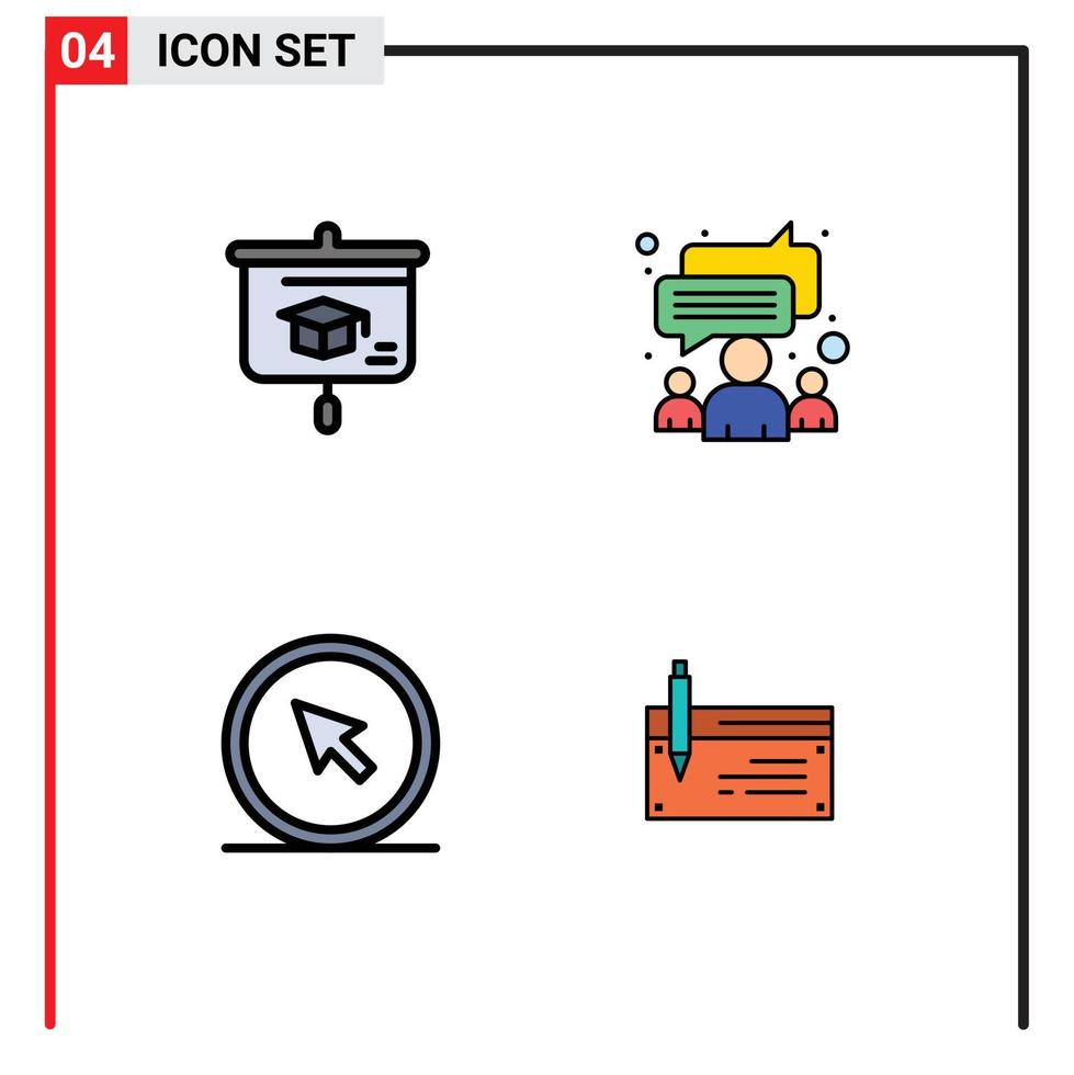 Mobile Interface Filledline Flat Color Set of 4 Pictograms of chart cursor school meeting point Editable Vector Design Elements