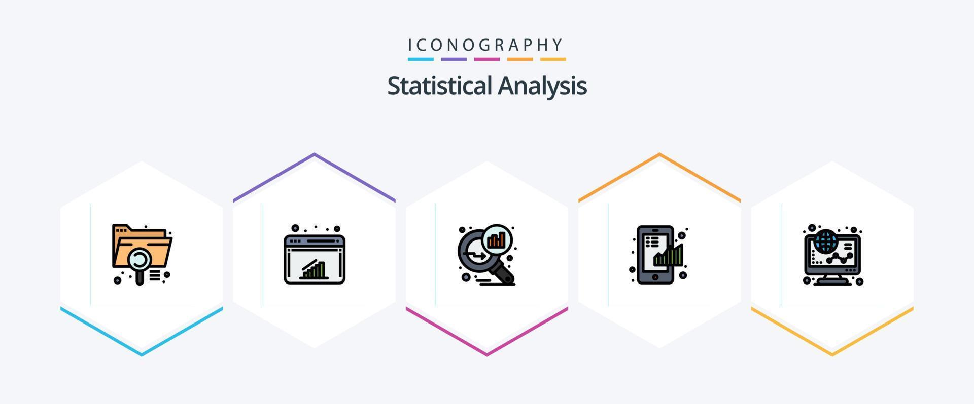 Statistical Analysis 25 FilledLine icon pack including statistical. finance. web. chart. search stats vector