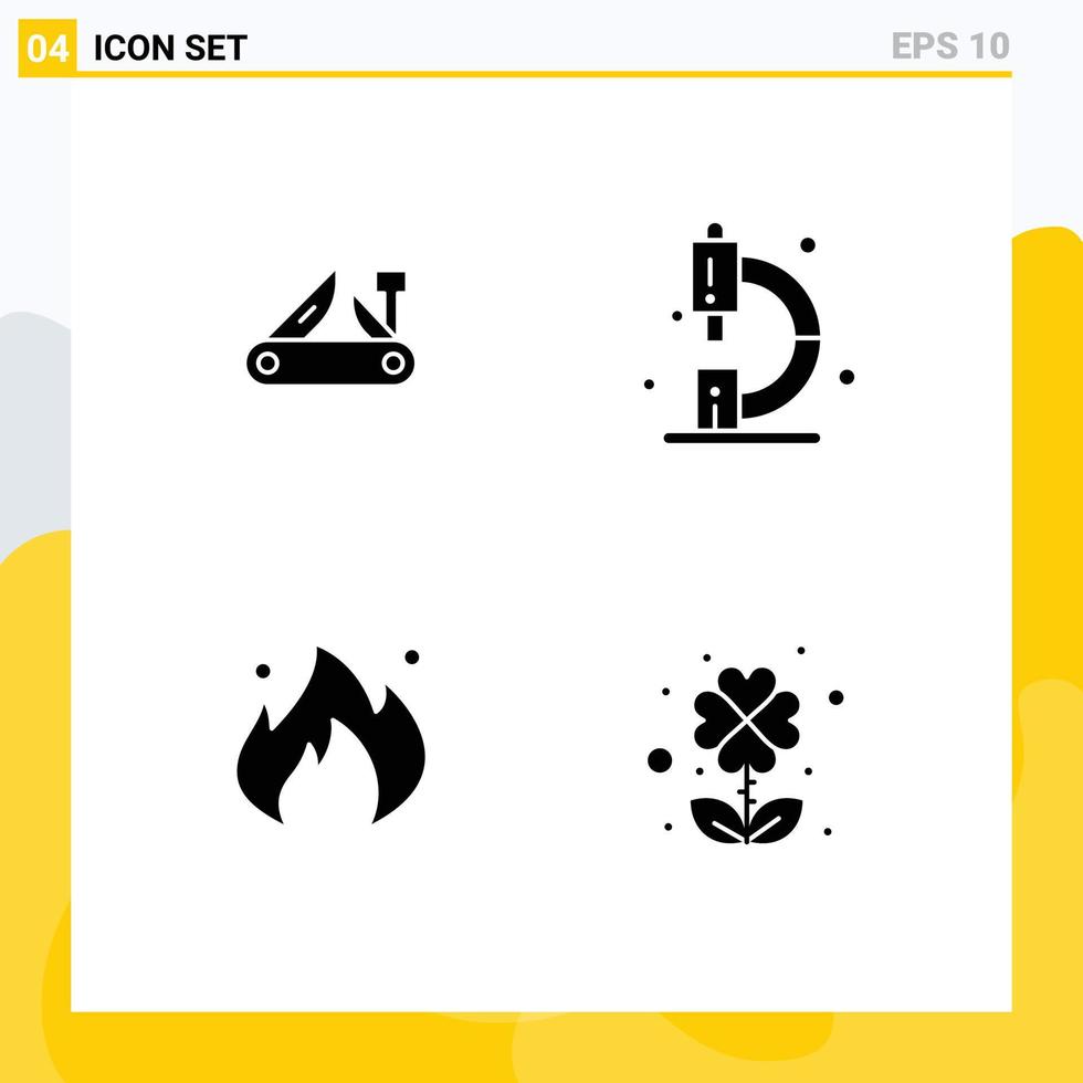 Modern Set of 4 Solid Glyphs and symbols such as army microscope pocket knife chemistry industry Editable Vector Design Elements
