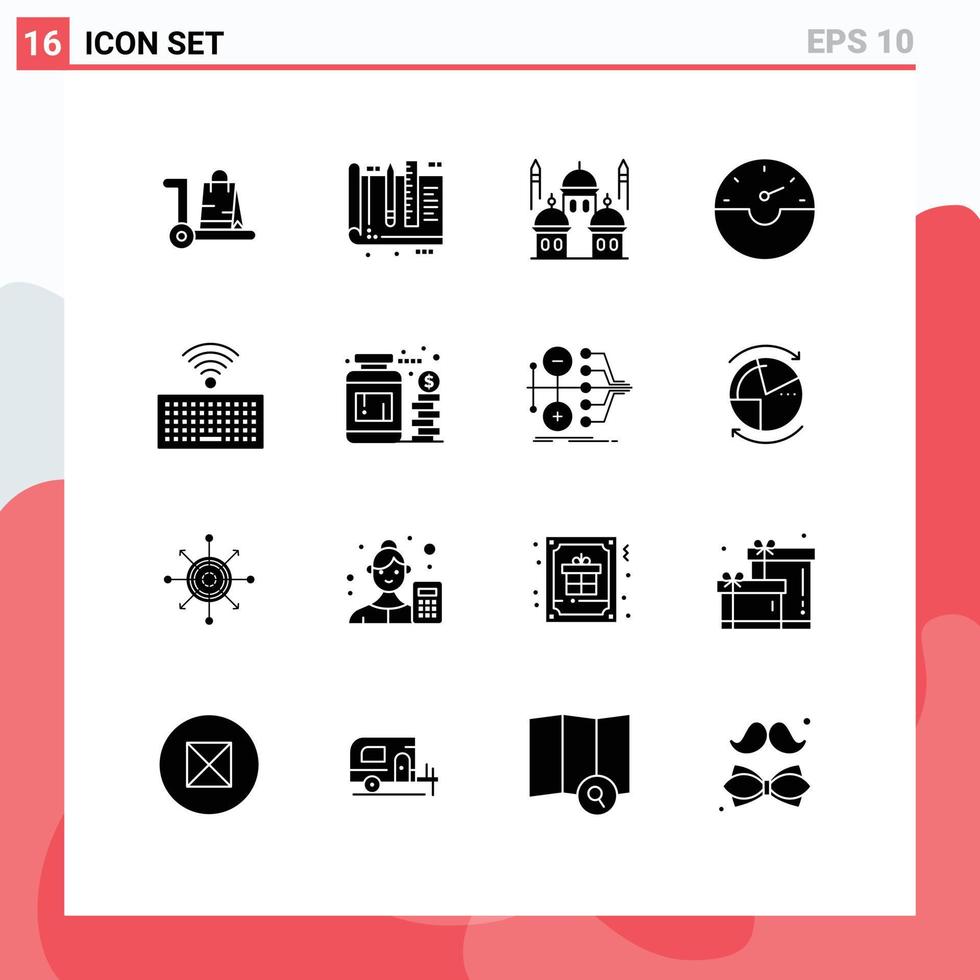 Mobile Interface Solid Glyph Set of 16 Pictograms of speed dash ruler pray islam Editable Vector Design Elements