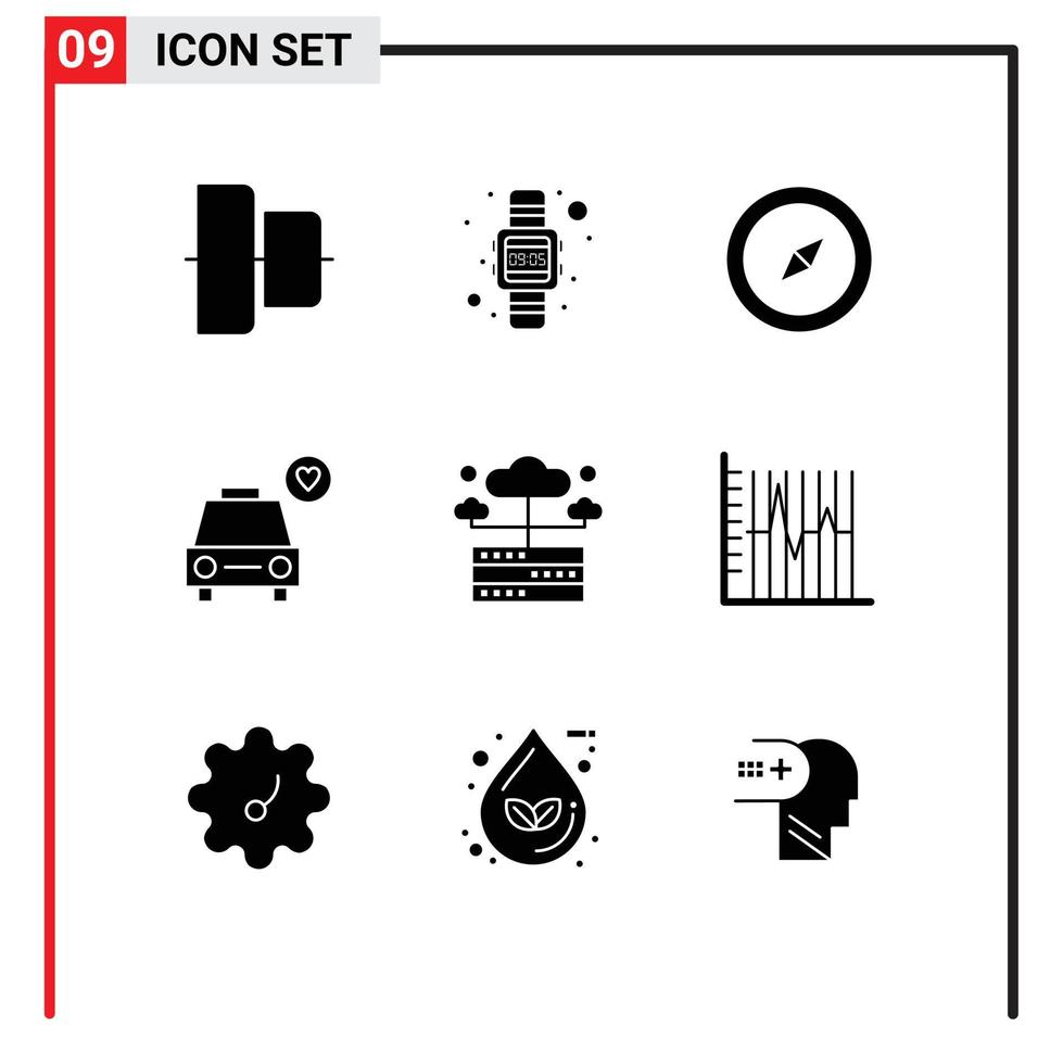 Universal Icon Symbols Group of 9 Modern Solid Glyphs of progress network map hosting heart Editable Vector Design Elements