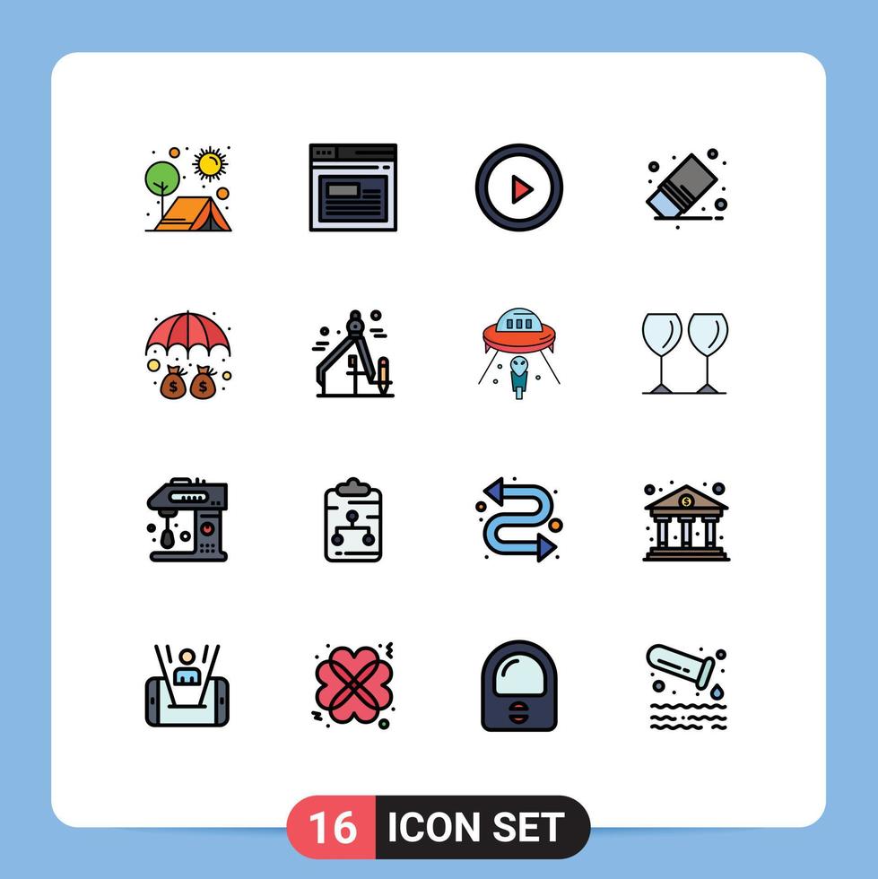 conjunto de pictogramas de 16 líneas llenas de colores planos simples del sitio web de depósito de caucho eliminar eliminar elementos de diseño de vectores creativos editables