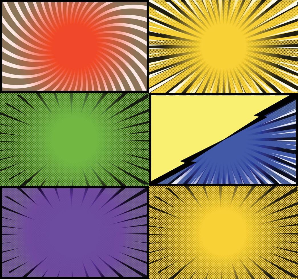 Comic book colorful frames background with halftone rays radial and dotted effects pop art style vector