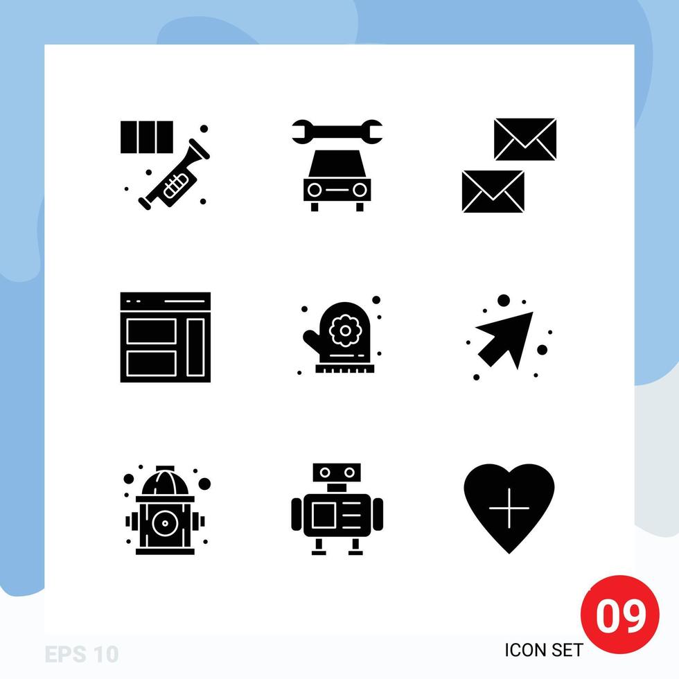 Pack of 9 Modern Solid Glyphs Signs and Symbols for Web Print Media such as user right communication interface envelope Editable Vector Design Elements