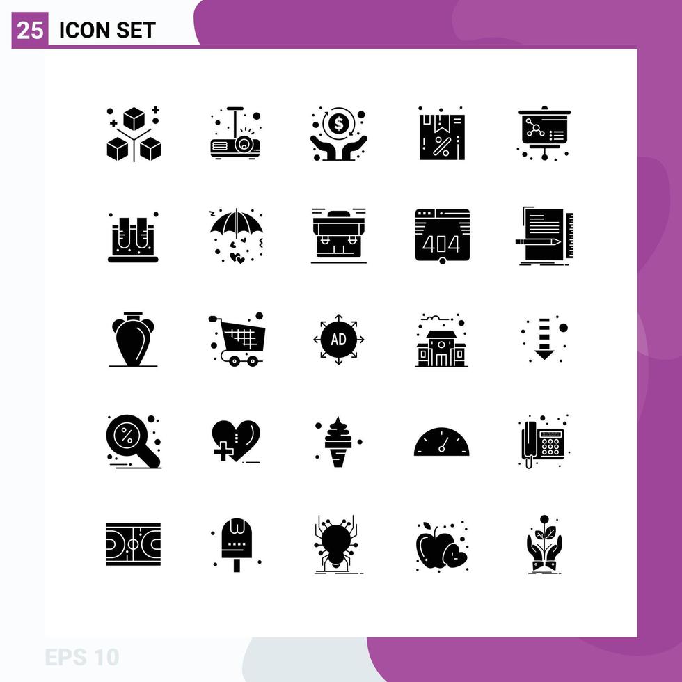 Modern Set of 25 Solid Glyphs and symbols such as lesson sale light package independence Editable Vector Design Elements