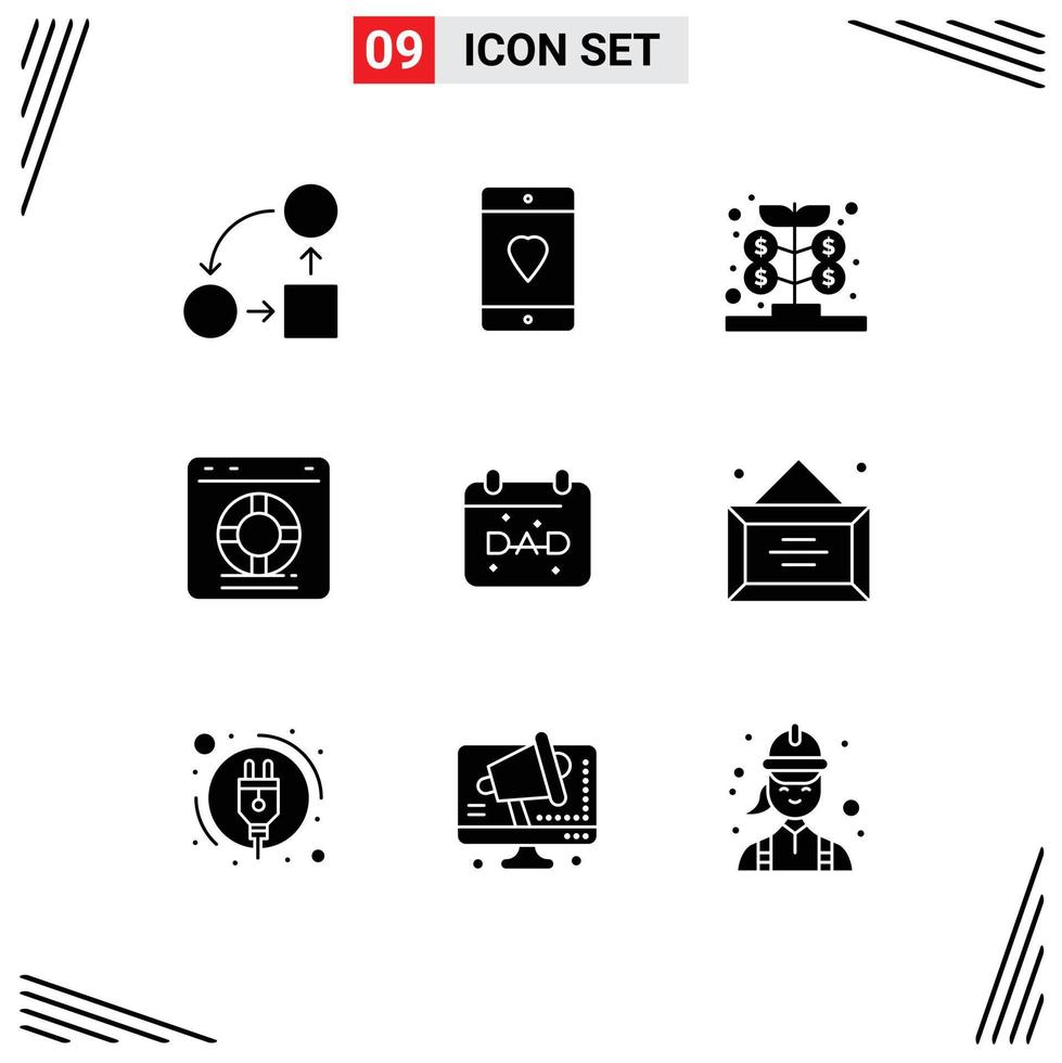 Set of 9 Commercial Solid Glyphs pack for protection lifebuoy love help investment Editable Vector Design Elements