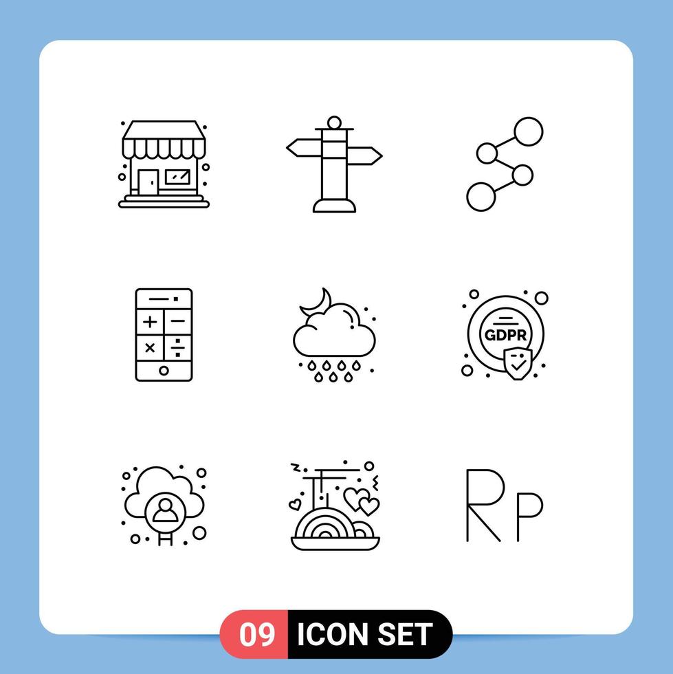 Group of 9 Outlines Signs and Symbols for weather drop crypto cloud phone Editable Vector Design Elements