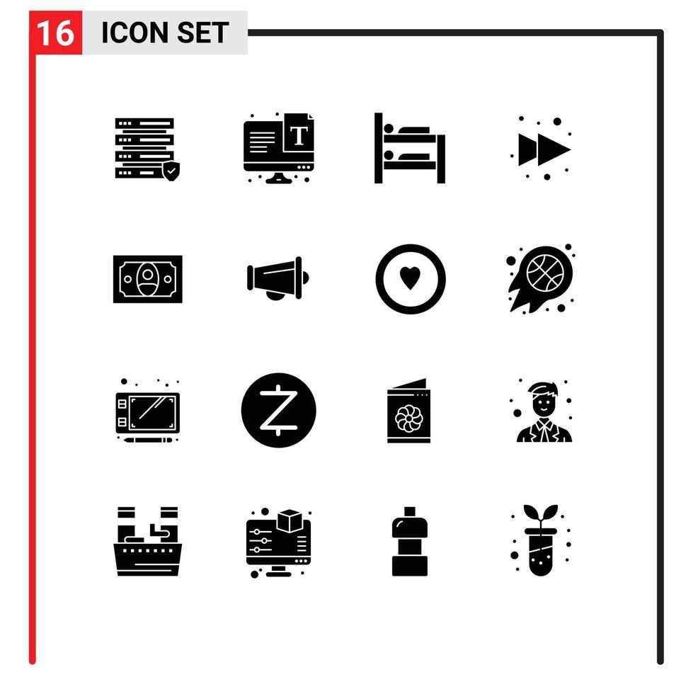 Universal Icon Symbols Group of 16 Modern Solid Glyphs of announce money bunk finance right Editable Vector Design Elements