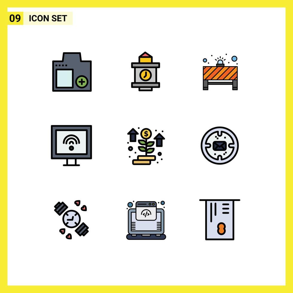 paquete de 9 signos y símbolos modernos de colores planos de línea rellena para medios de impresión web, como elementos de diseño de vectores editables de entretenimiento inteligente de tablero de televisión de dinero