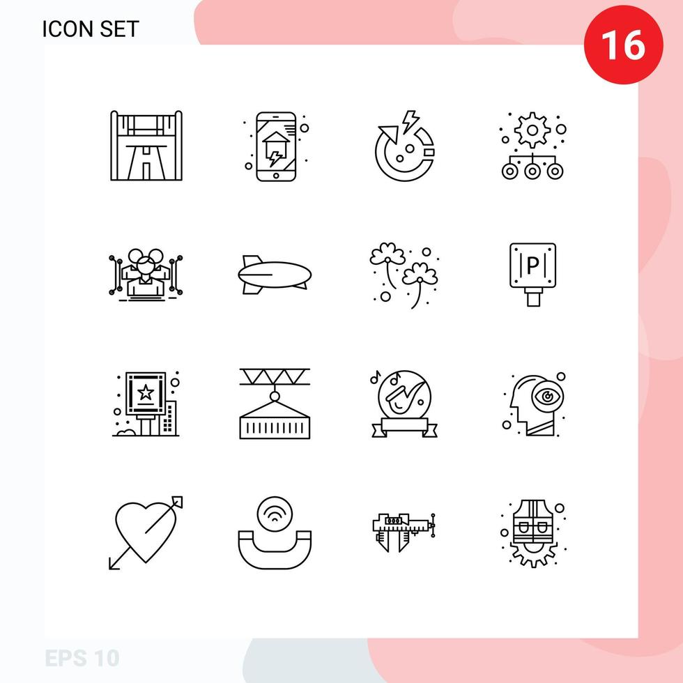 User Interface Pack of 16 Basic Outlines of body settings smart house management world Editable Vector Design Elements