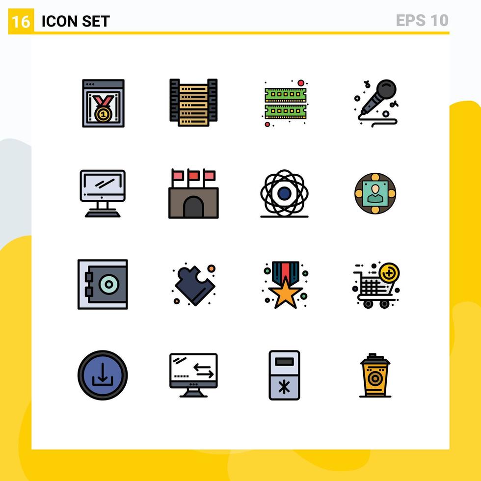16 concepto de línea llena de color plano para sitios web móviles y aplicaciones monitorear pasatiempos de computadora pasatiempos micrófono elementos de diseño de vectores creativos editables