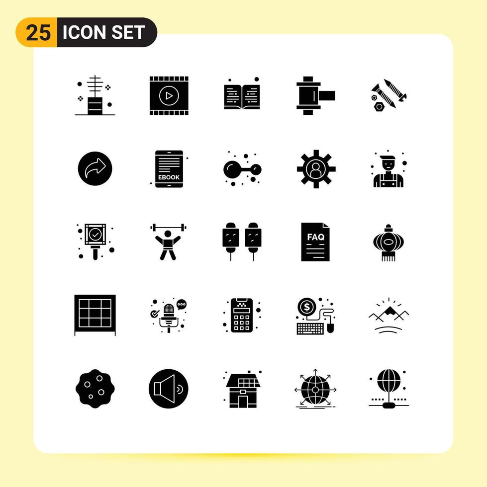 25 concepto de glifo sólido para sitios web móviles y tornillos de construcción de aplicaciones elementos de diseño vectorial editables de película de carrete web vector
