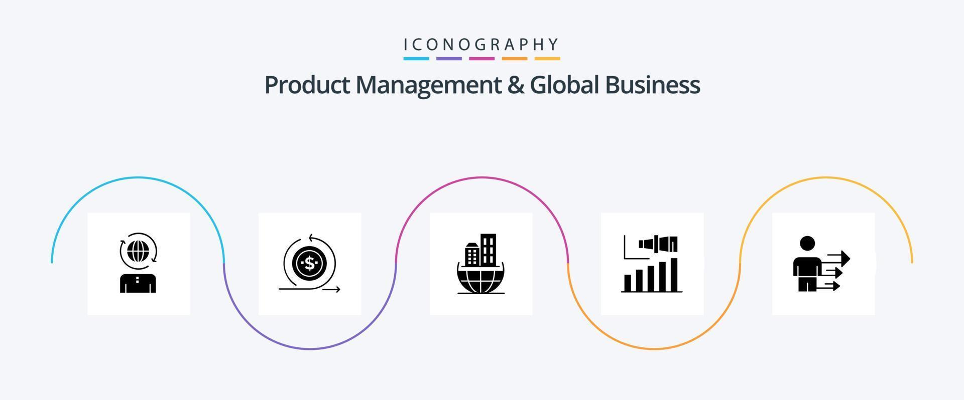 paquete de iconos de glifo 5 de gestión de productos y negocios globales que incluye visión. moderno. retorno. largo. sostenible vector
