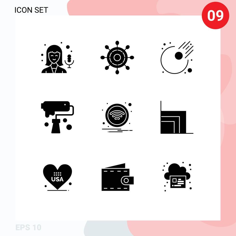9 Thematic Vector Solid Glyphs and Editable Symbols of sign wifi meteor technology creativity Editable Vector Design Elements