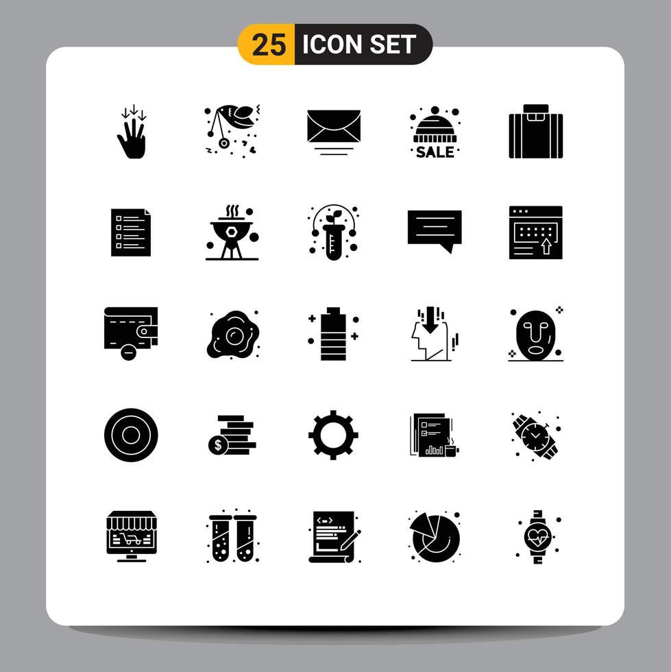 Solid Glyph Pack of 25 Universal Symbols of briefcase winter romance hat global Editable Vector Design Elements