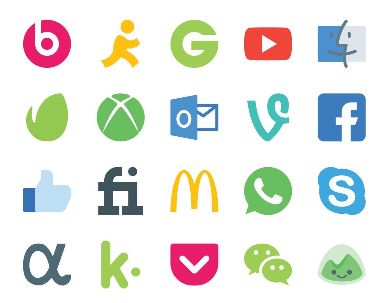 Paquete de 20 íconos de redes sociales que incluye la aplicación Net Skype Outlook Whatsapp Fiverr vector