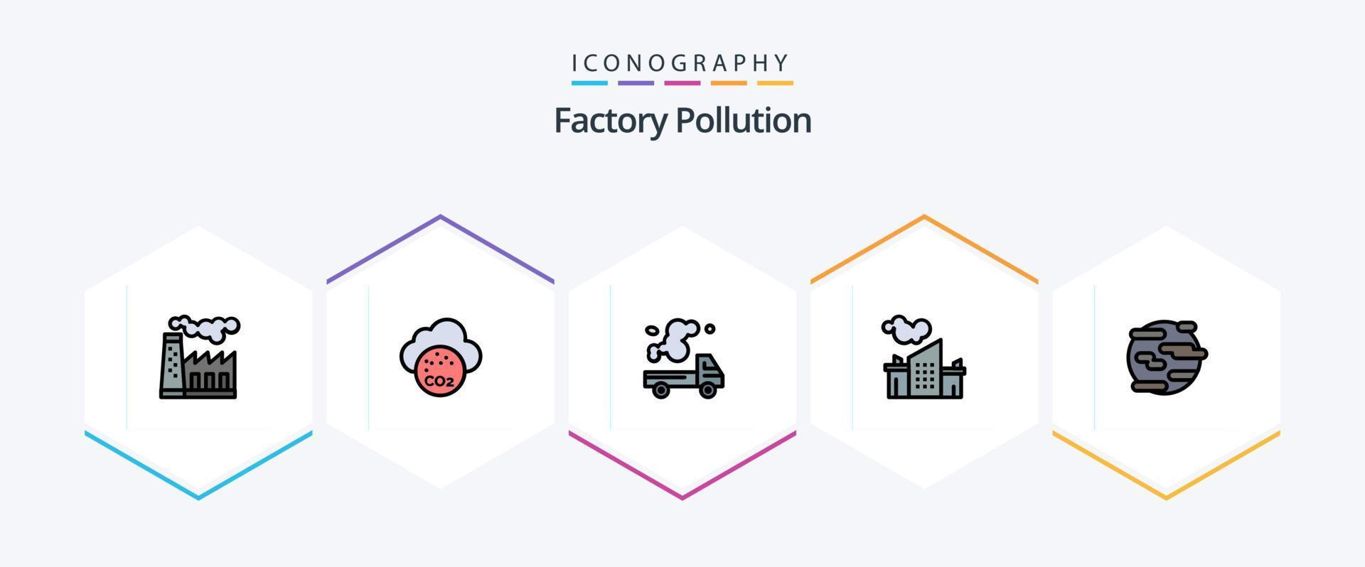 Contaminación de fábrica 25 paquete de iconos de línea completa que incluye ayuda. polución. camión. paisaje. fábrica vector