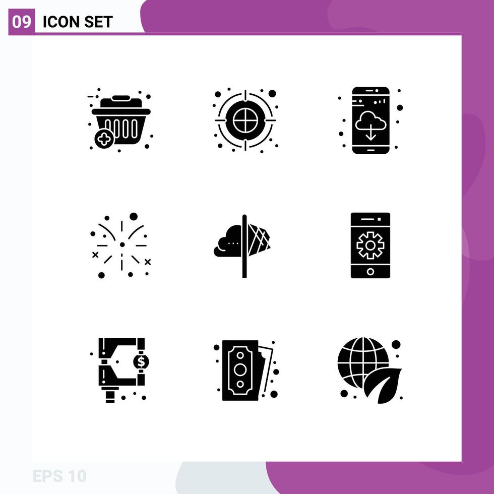 Group of 9 Solid Glyphs Signs and Symbols for insight idea app creativity fire work Editable Vector Design Elements