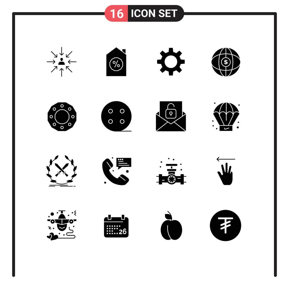 Pack of 16 Modern Solid Glyphs Signs and Symbols for Web Print Media such as circle celebration romz dollar globe Editable Vector Design Elements