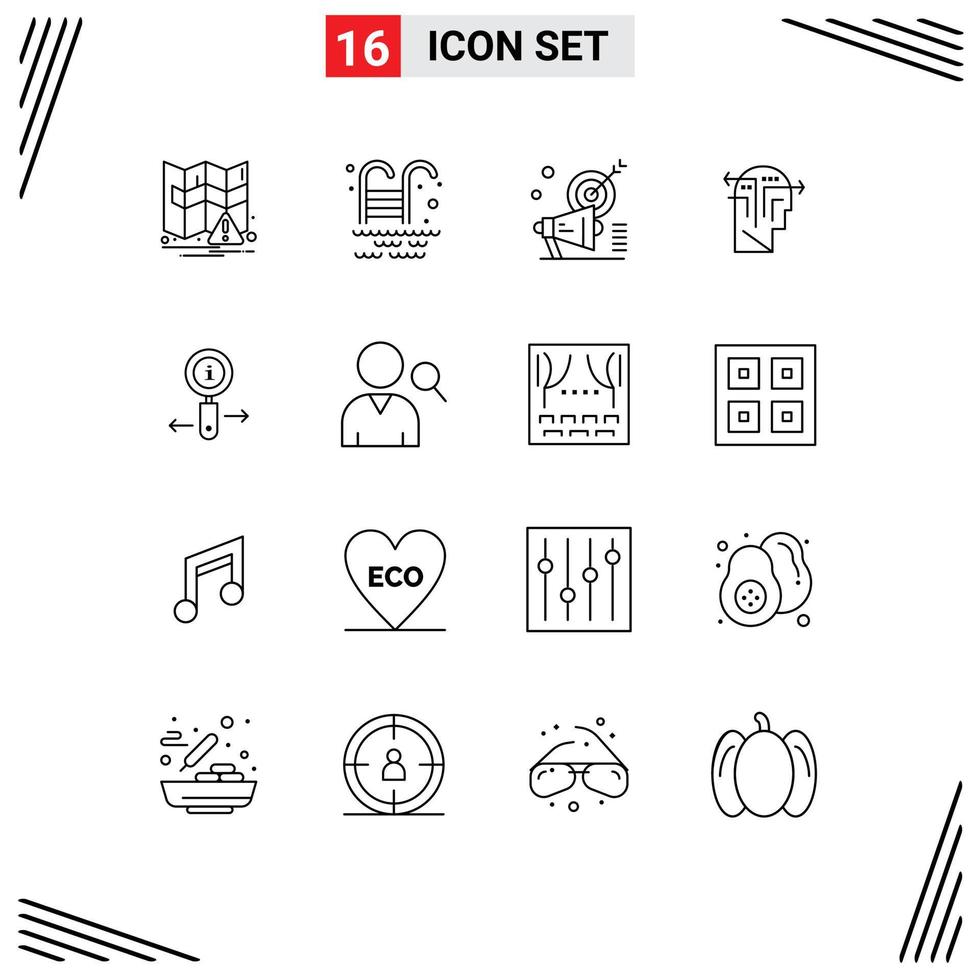Modern Set of 16 Outlines Pictograph of zoom info marketing head thinking Editable Vector Design Elements