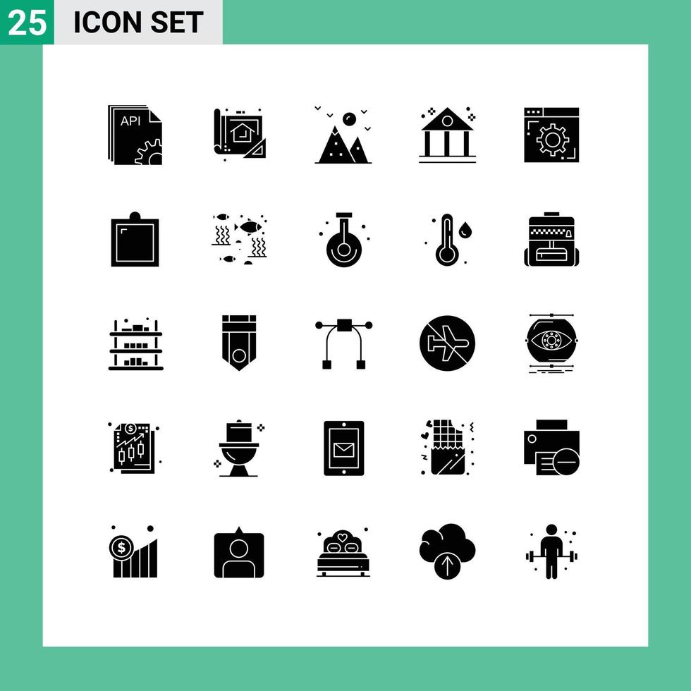 Mobile Interface Solid Glyph Set of 25 Pictograms of browser business planning bank landscape Editable Vector Design Elements