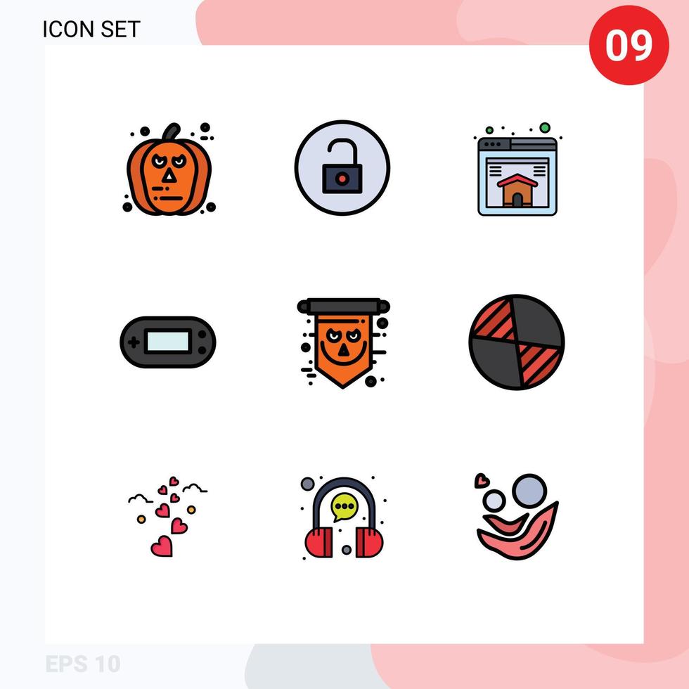 grupo de 9 colores planos de línea de relleno modernos establecidos para elementos de diseño de vectores editables de juegos psp caseros de bandera de miedo