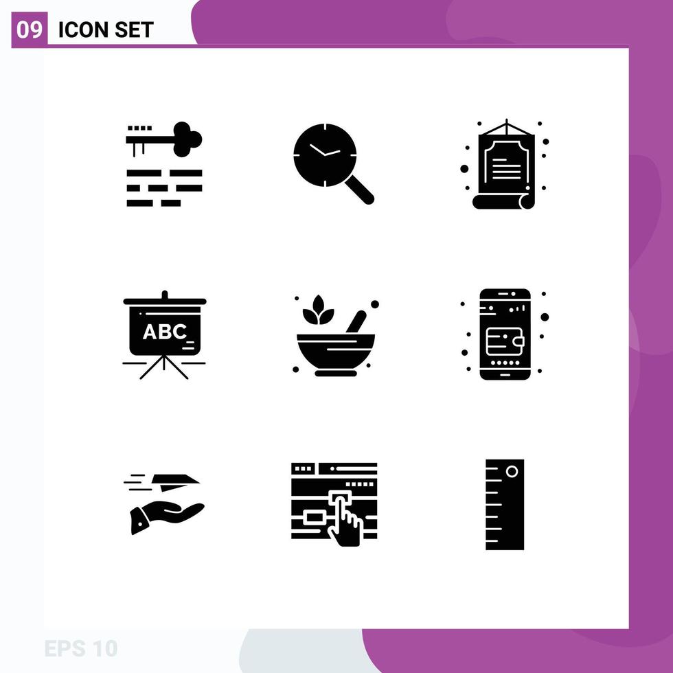 Editable Vector Line Pack of 9 Simple Solid Glyphs of lotus pharmacy china mortar education Editable Vector Design Elements