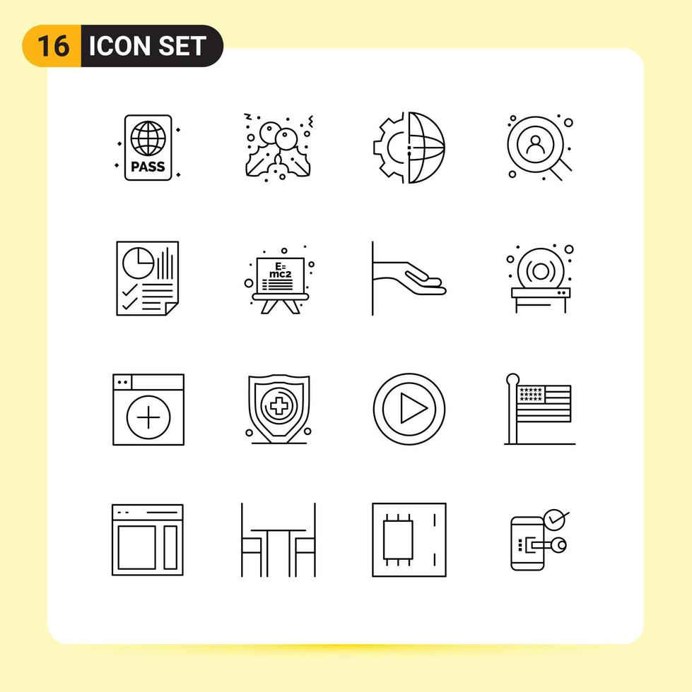 grupo de símbolos de iconos universales de 16 esquemas modernos de desarrollo de usuarios de datos producción de búsqueda elementos de diseño de vectores editables
