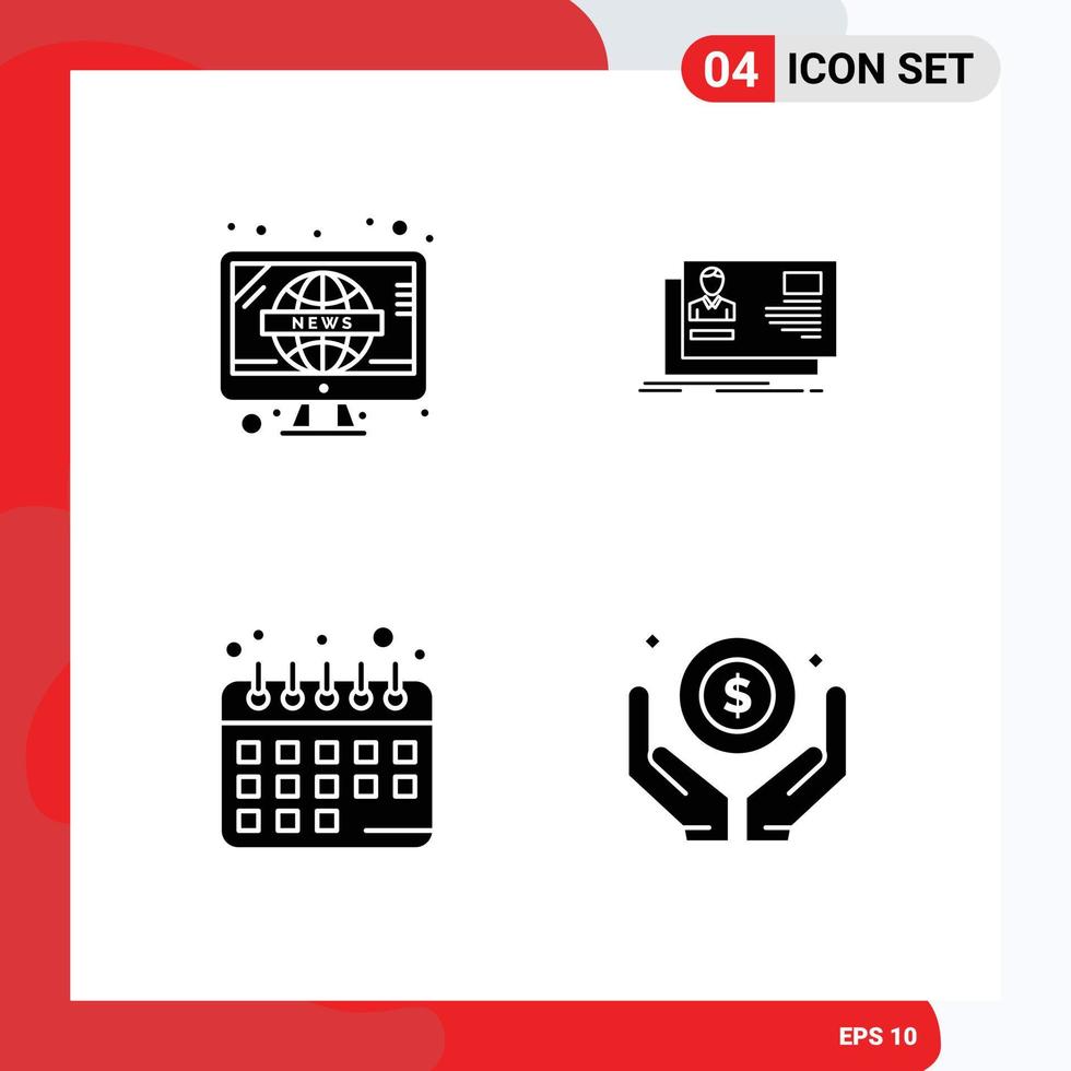 Modern Set of 4 Solid Glyphs Pictograph of news diet planning tv identity plans Editable Vector Design Elements