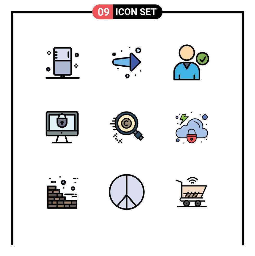 Pictogram Set of 9 Simple Filledline Flat Colors of copyright security right lock computer Editable Vector Design Elements